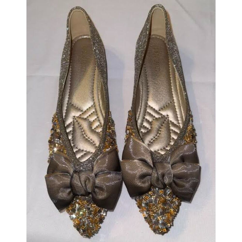 Silver Gold Glitter Sequin Flats | Mocha Satin Bow Dressy Shoe Size 8.5